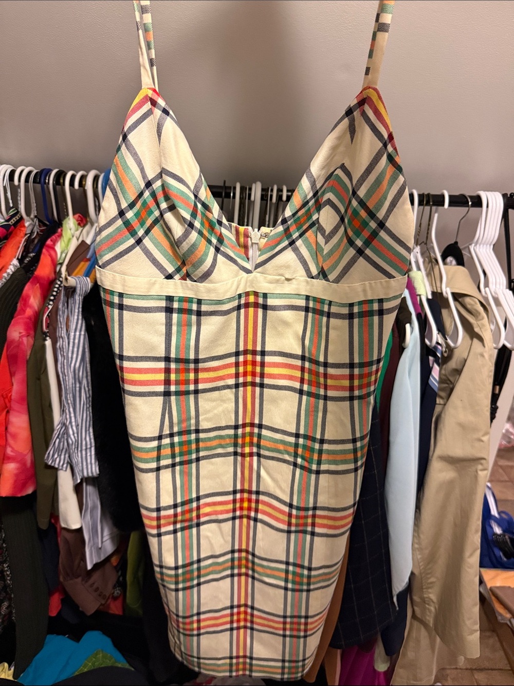 Women’s ' vintage Plaid Spaghetti-Strap Dress in Cream and Multicolor